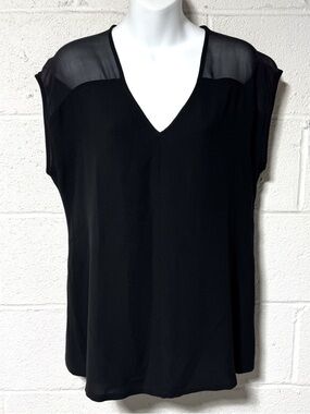 Eileen Fisher Silk Blouse Black Sheer V Neck Cap Sleeve Top Small
